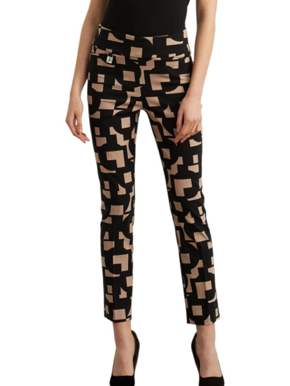 Joseph Ribkoff Black Tan Geometric Square Print Crop Ankle Pants 12